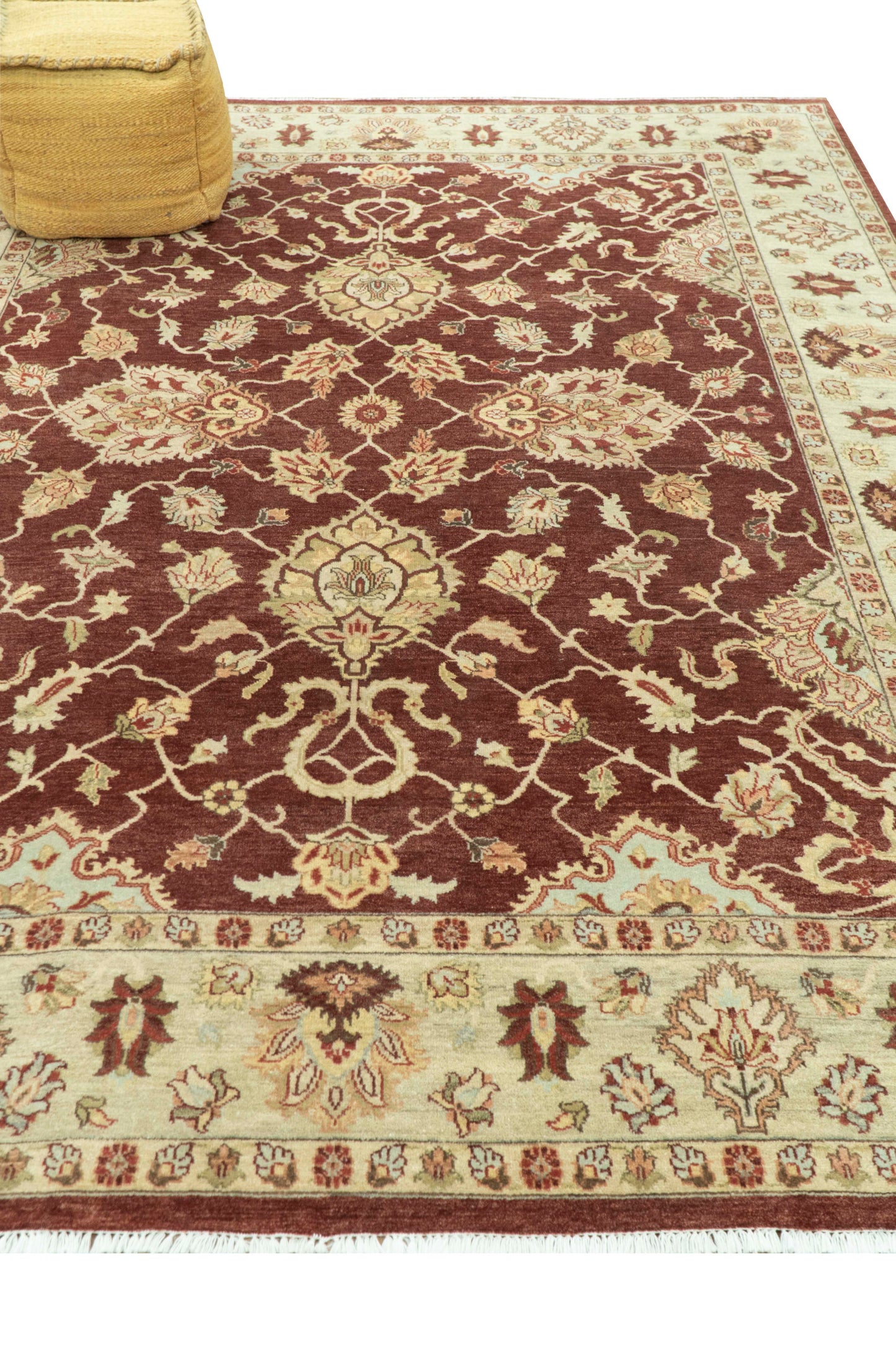 Hand-Knotted Persian Rug 8x10 | Burgundy & Gold Wool