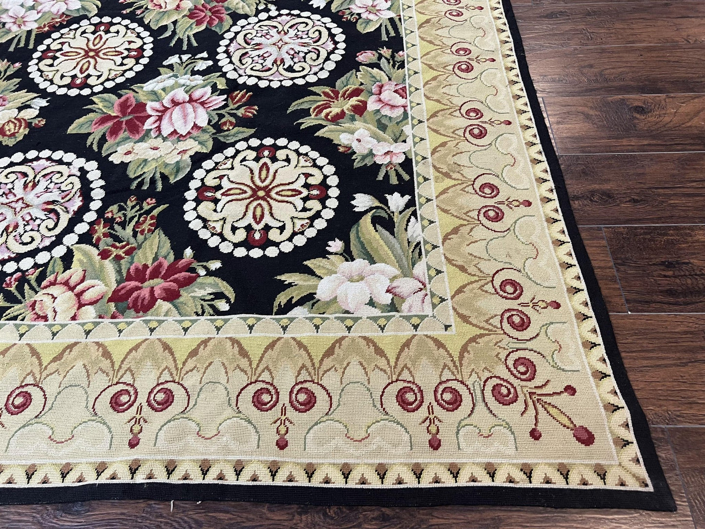 1980s 9x12 Vintage Handmade Wool Needlepoint Rug - MyTuftedRugs.com