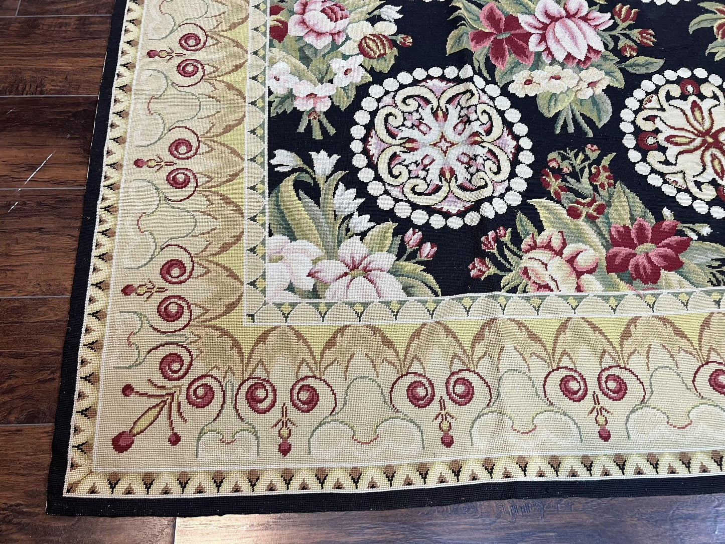 1980s 9x12 Vintage Handmade Wool Needlepoint Rug - MyTuftedRugs.com