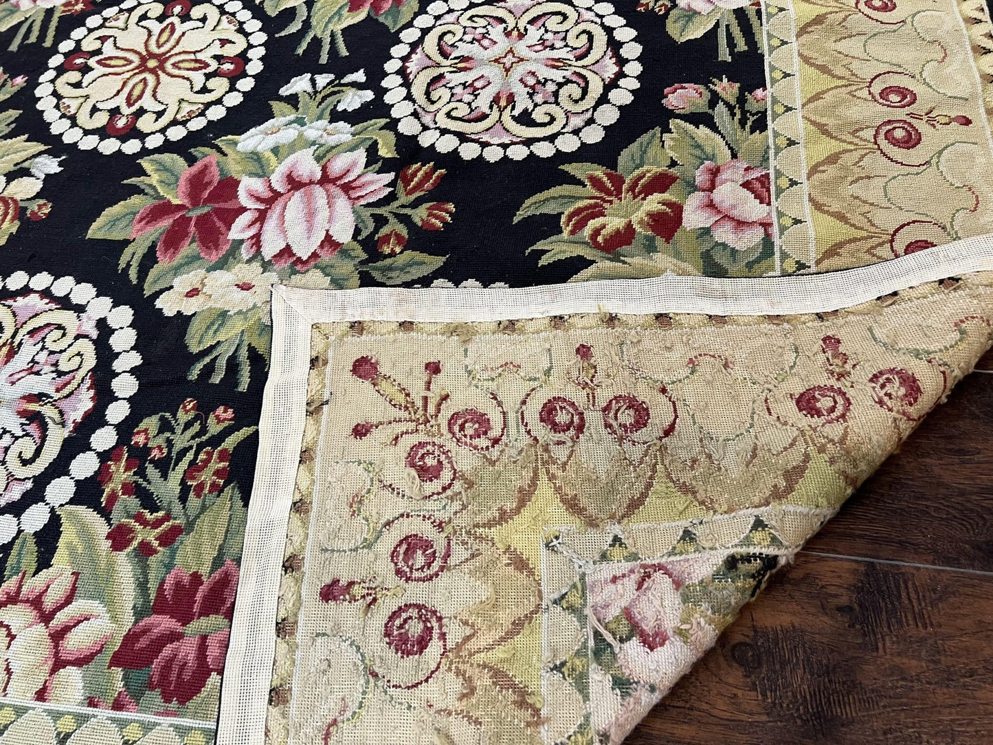 1980s 9x12 Vintage Handmade Wool Needlepoint Rug - MyTuftedRugs.com