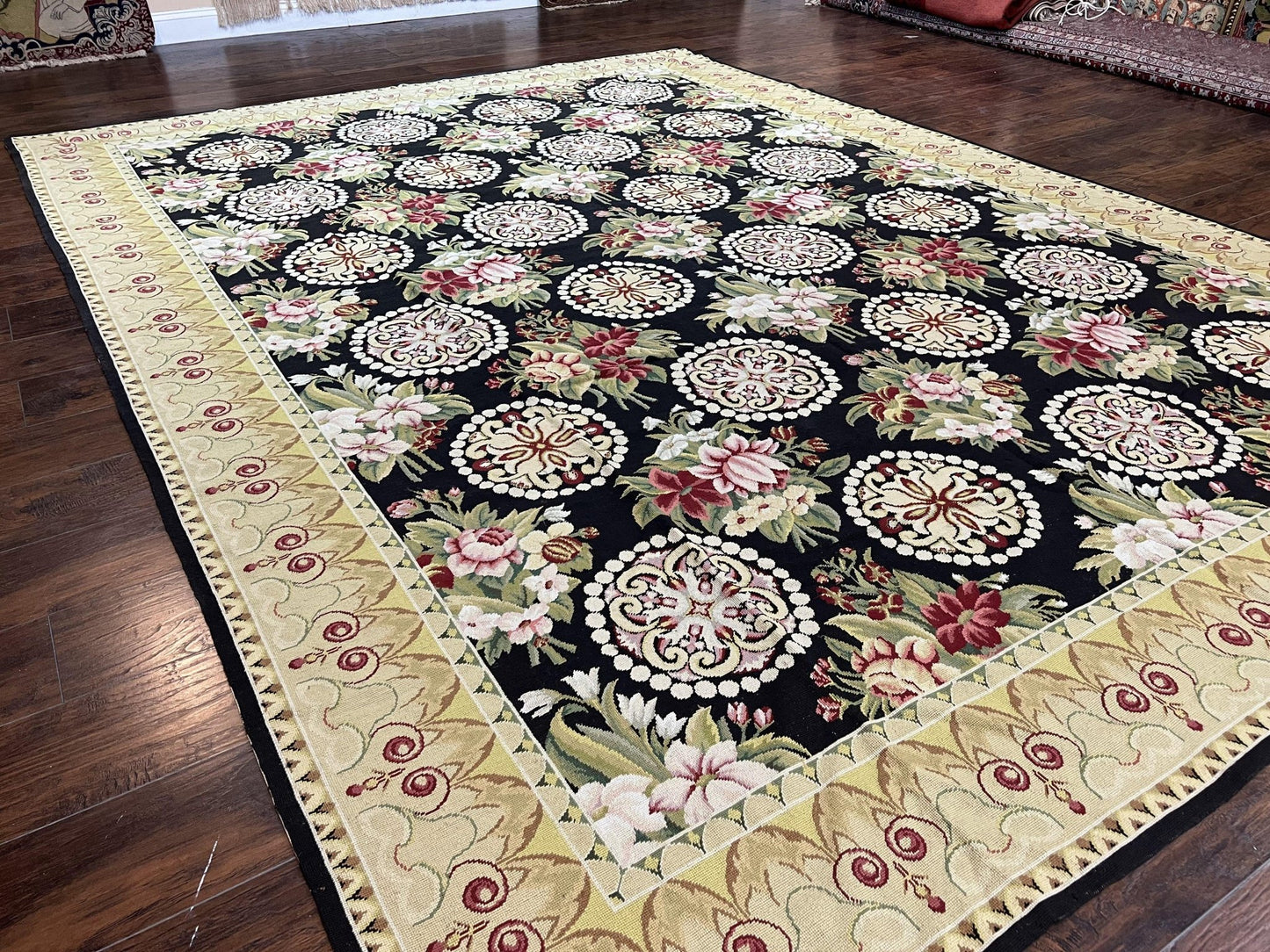 1980s 9x12 Vintage Handmade Wool Needlepoint Rug - MyTuftedRugs.com