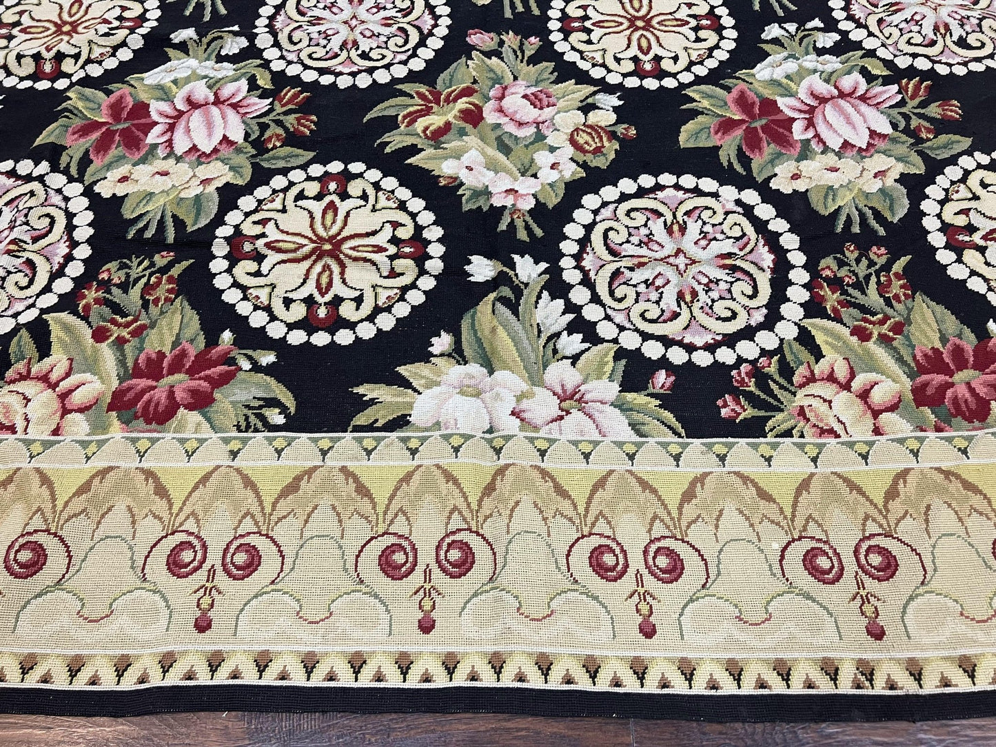 1980s 9x12 Vintage Handmade Wool Needlepoint Rug - MyTuftedRugs.com