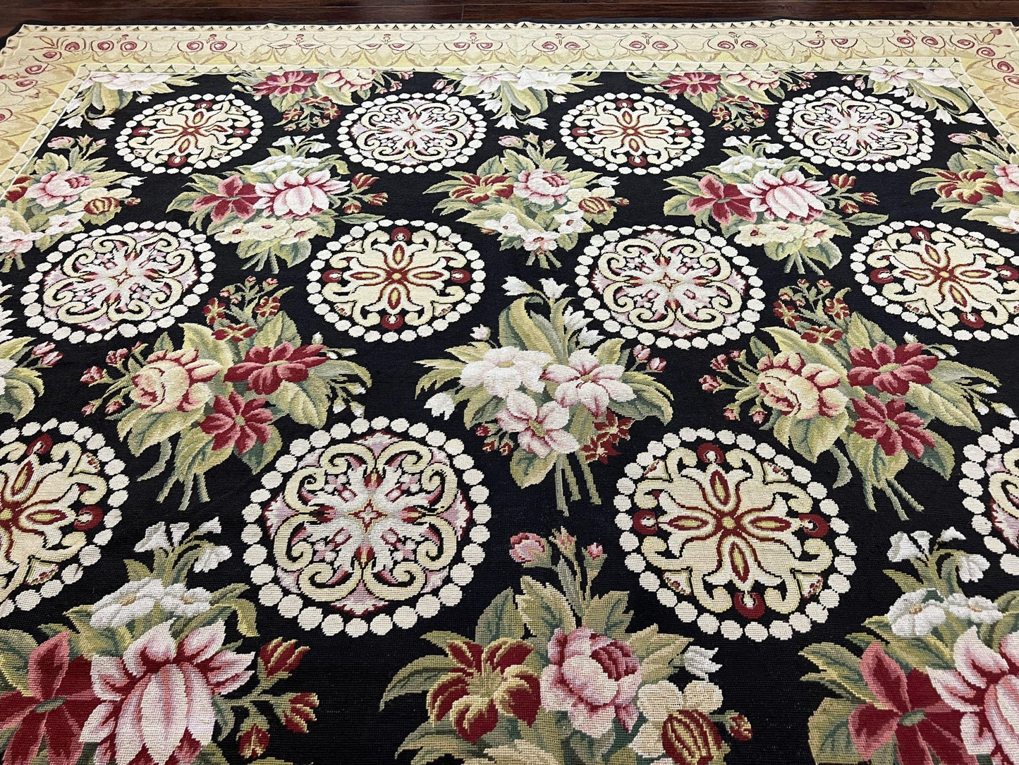 1980s 9x12 Vintage Handmade Wool Needlepoint Rug - MyTuftedRugs.com