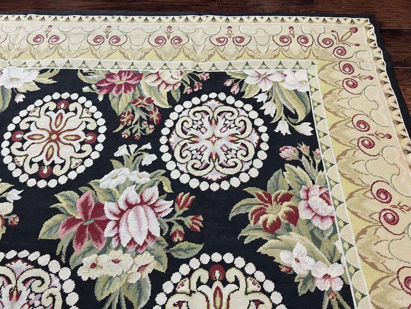1980s 9x12 Vintage Handmade Wool Needlepoint Rug - MyTuftedRugs.com