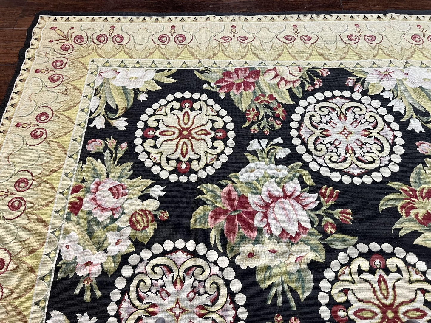 1980s 9x12 Vintage Handmade Wool Needlepoint Rug - MyTuftedRugs.com