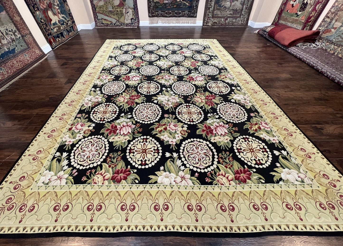 1980s 9x12 Vintage Handmade Wool Needlepoint Rug - MyTuftedRugs.com