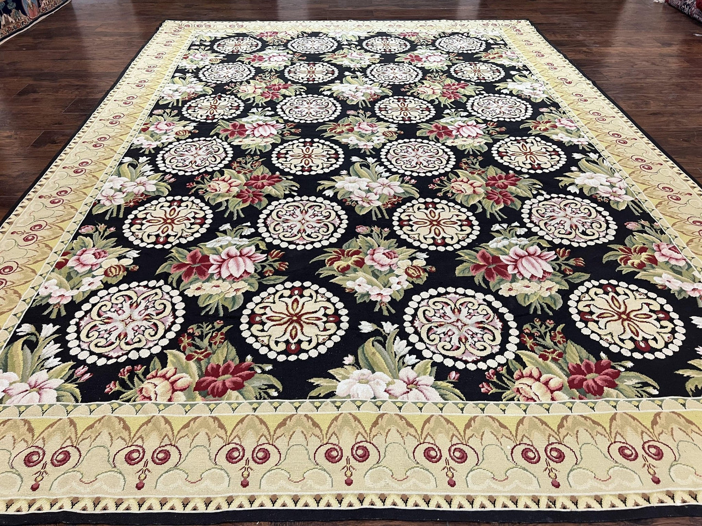 1980s 9x12 Vintage Handmade Wool Needlepoint Rug - MyTuftedRugs.com