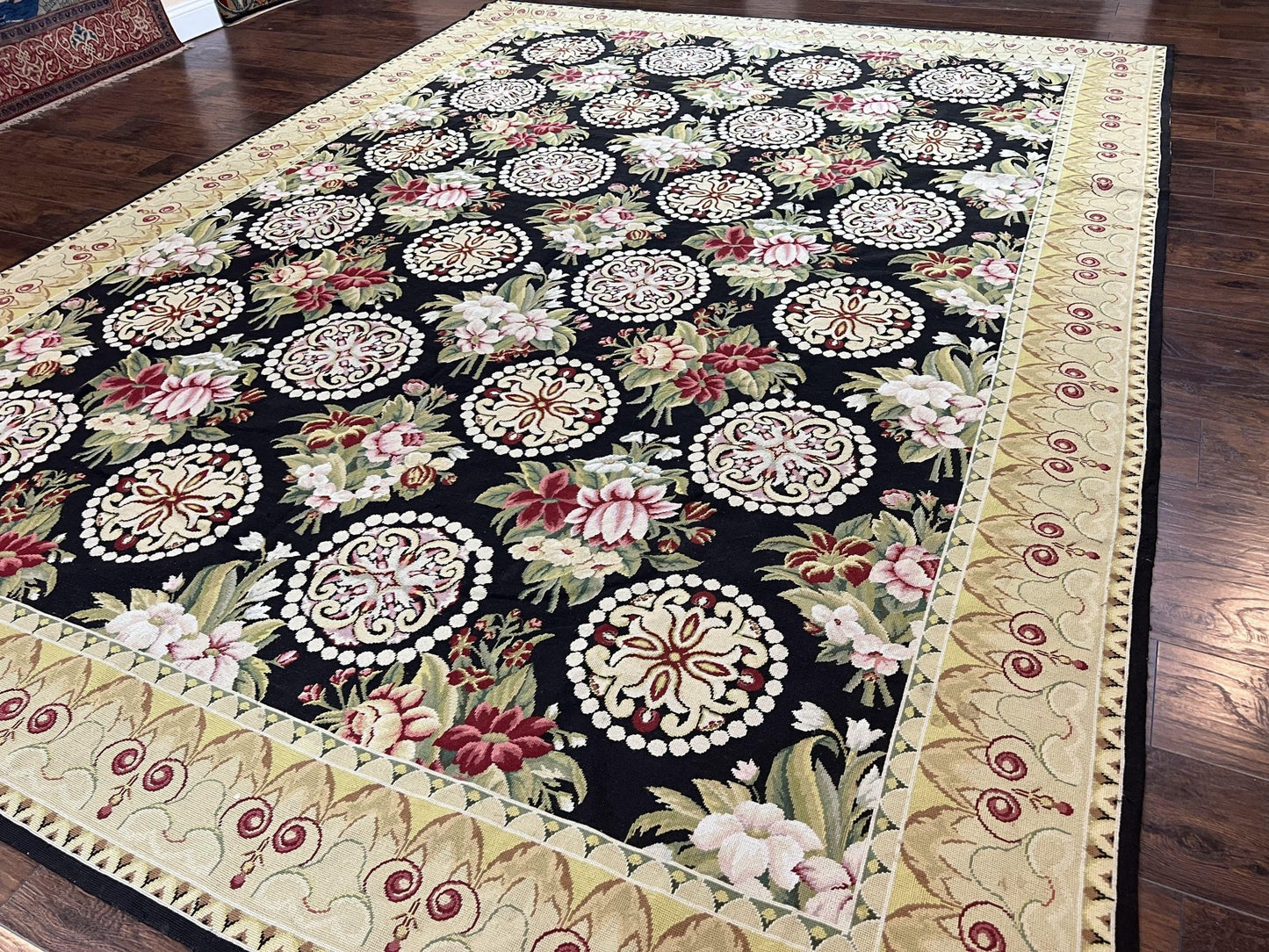 1980s 9x12 Vintage Handmade Wool Needlepoint Rug - MyTuftedRugs.com