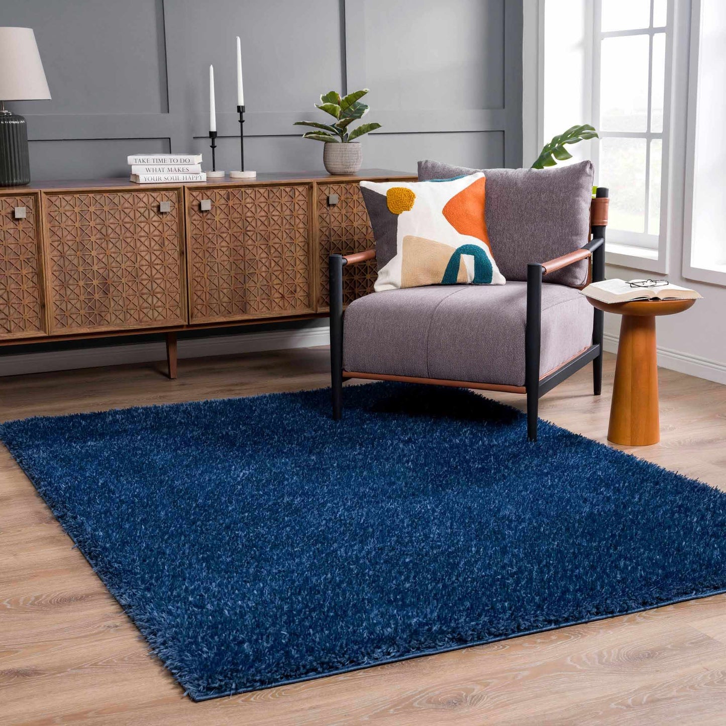 Faina Solid Dark Blue Shag Rug Washable - MyTuftedRugs.com