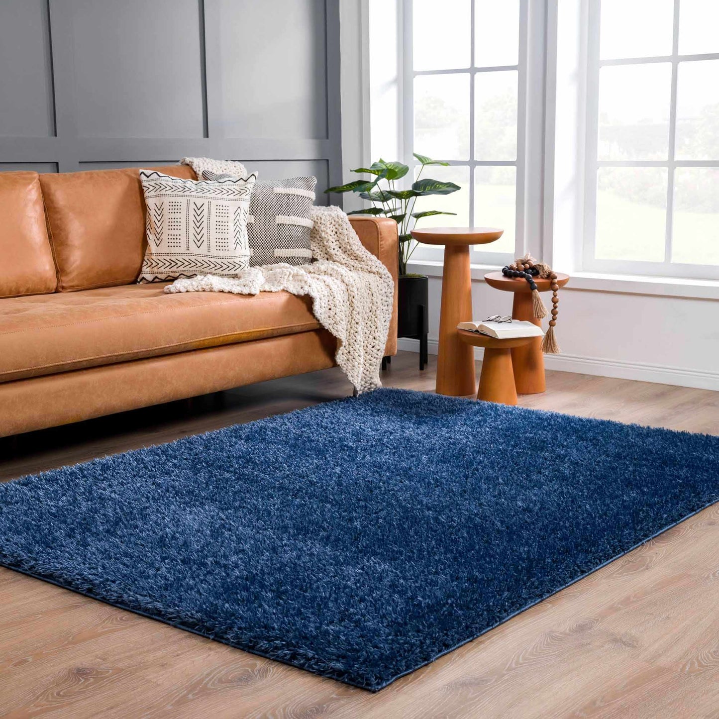 Faina Solid Dark Blue Shag Rug Washable - MyTuftedRugs.com