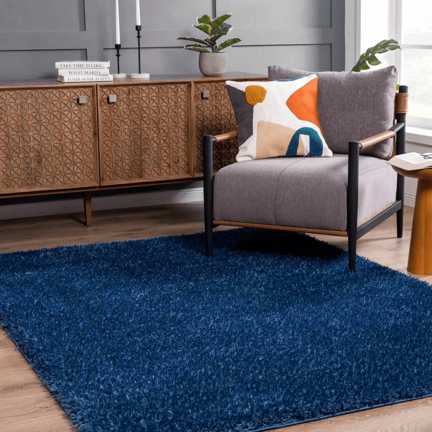 Faina Solid Dark Blue Shag Rug Washable - MyTuftedRugs.com