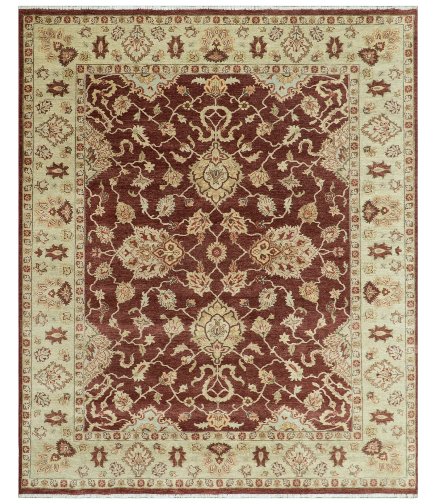 Hand - Knotted Persian Rug 8x10 | Burgundy & Gold Wool - MyTuftedRugs.com