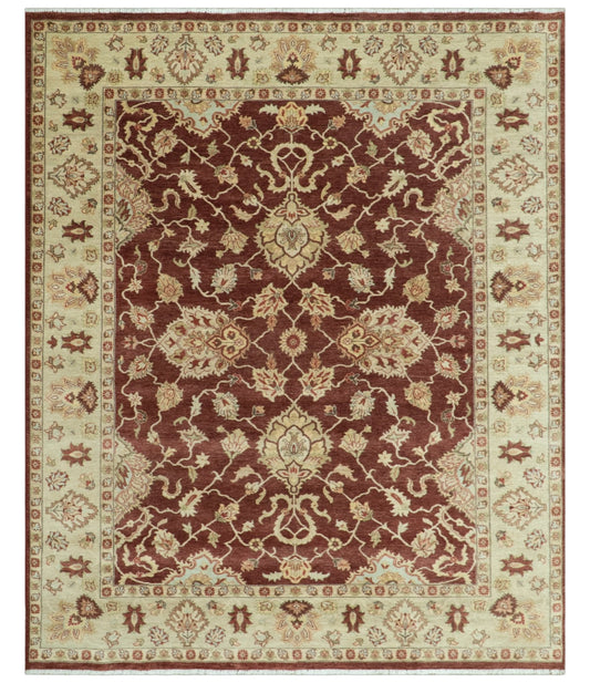 Hand - Knotted Persian Rug 8x10 | Burgundy & Gold Wool - MyTuftedRugs.com