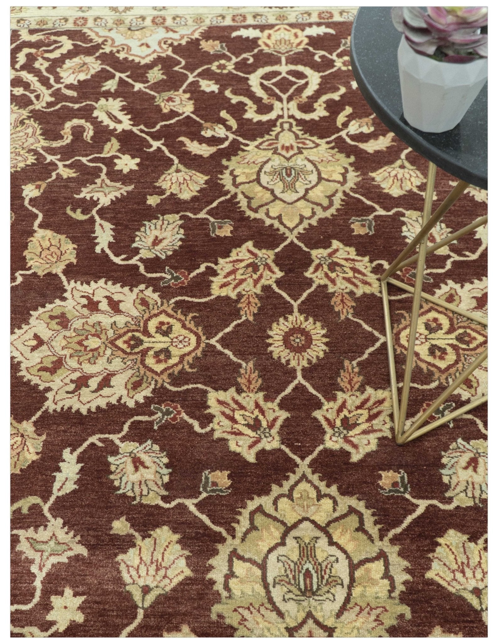 Hand - Knotted Persian Rug 8x10 | Burgundy & Gold Wool - MyTuftedRugs.com