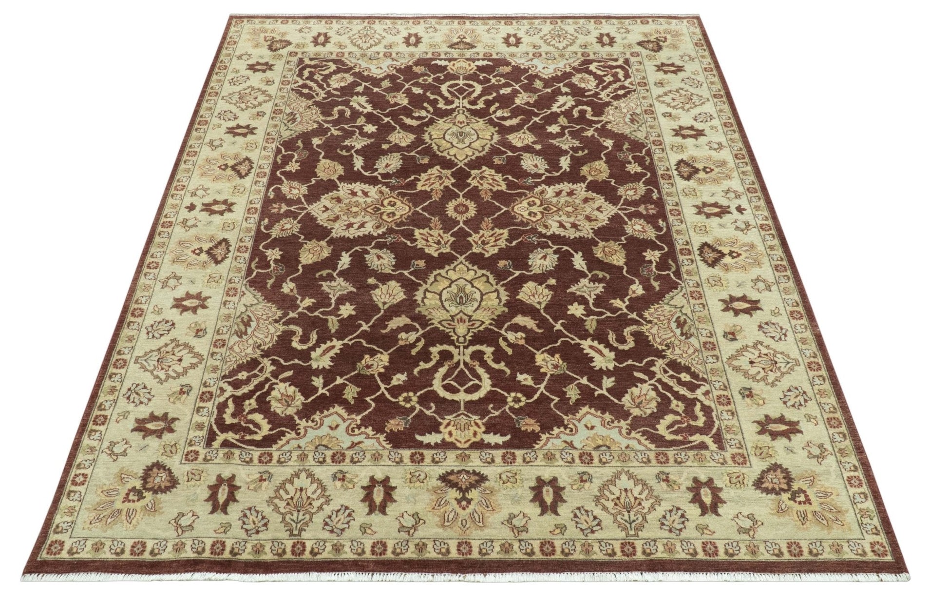 Hand - Knotted Persian Rug 8x10 | Burgundy & Gold Wool - MyTuftedRugs.com