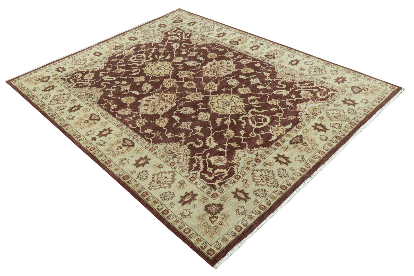 Hand - Knotted Persian Rug 8x10 | Burgundy & Gold Wool - MyTuftedRugs.com