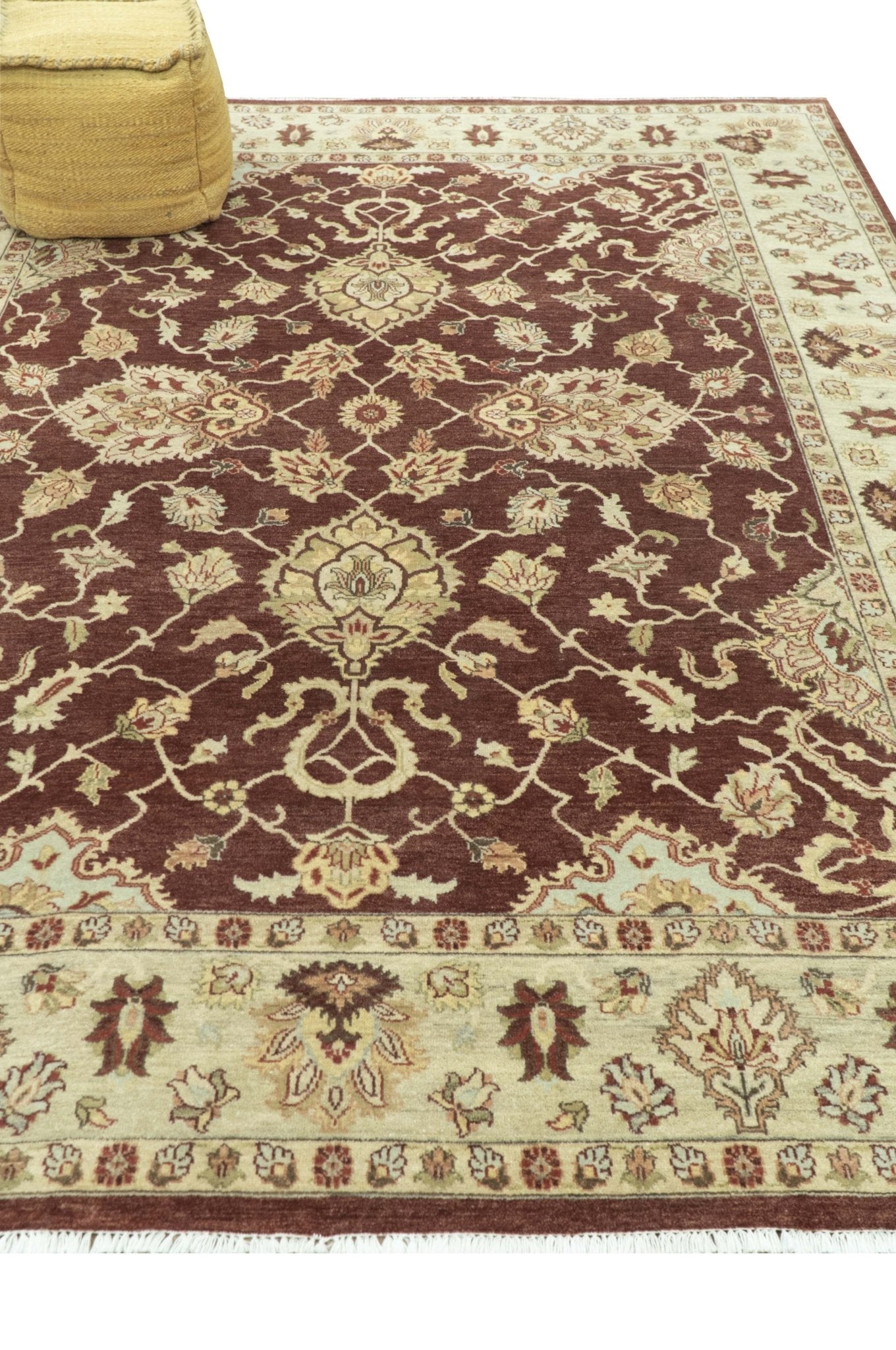 Hand - Knotted Persian Rug 8x10 | Burgundy & Gold Wool - MyTuftedRugs.com