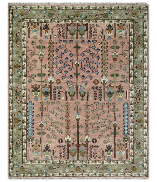 Hand - Knotted Pink & Olive Persian Rug | Wool | Ready to Ship - MyTuftedRugs.com
