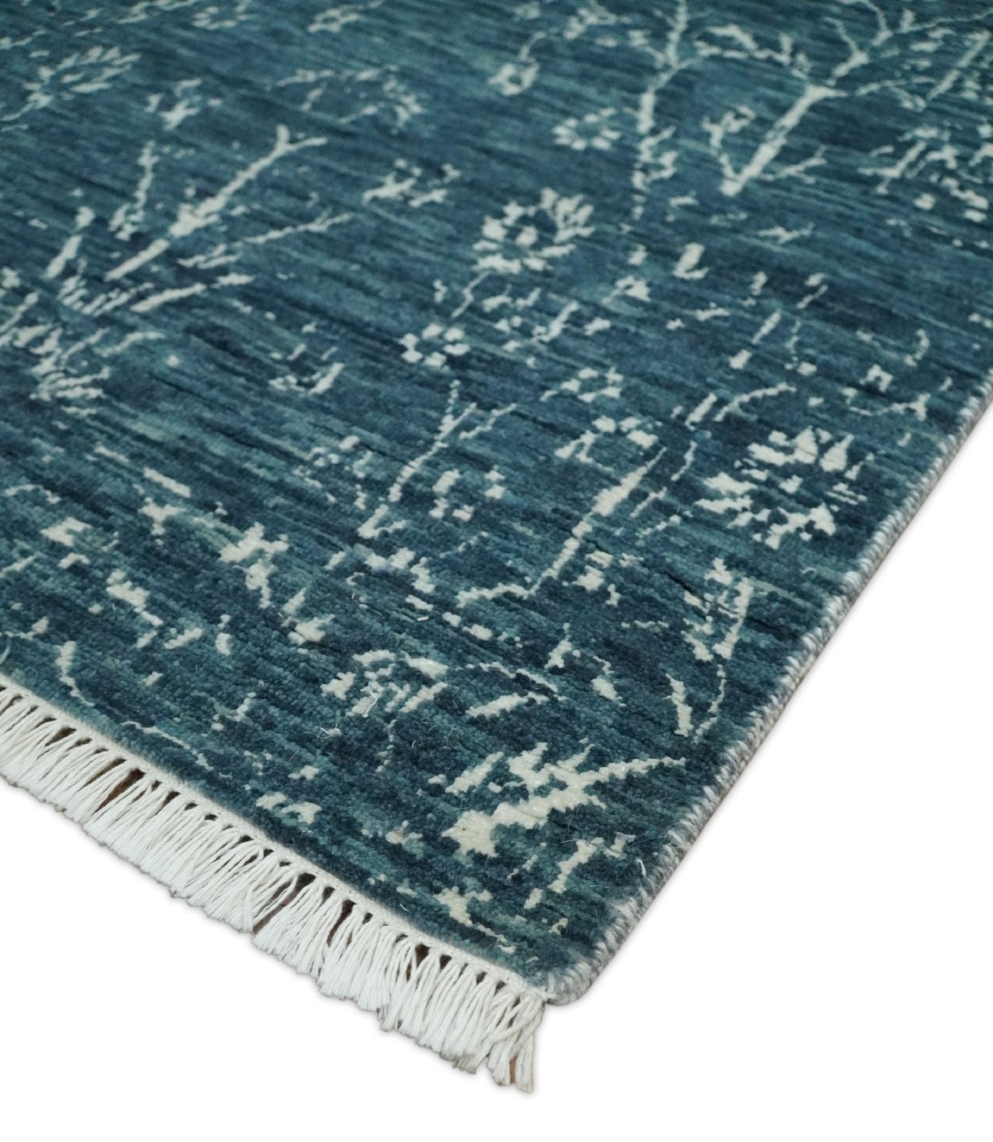 Hand - Knotted Vintage Wool Runner Rug White and Blue Traditional Design 2x10 - MyTuftedRugs.com
