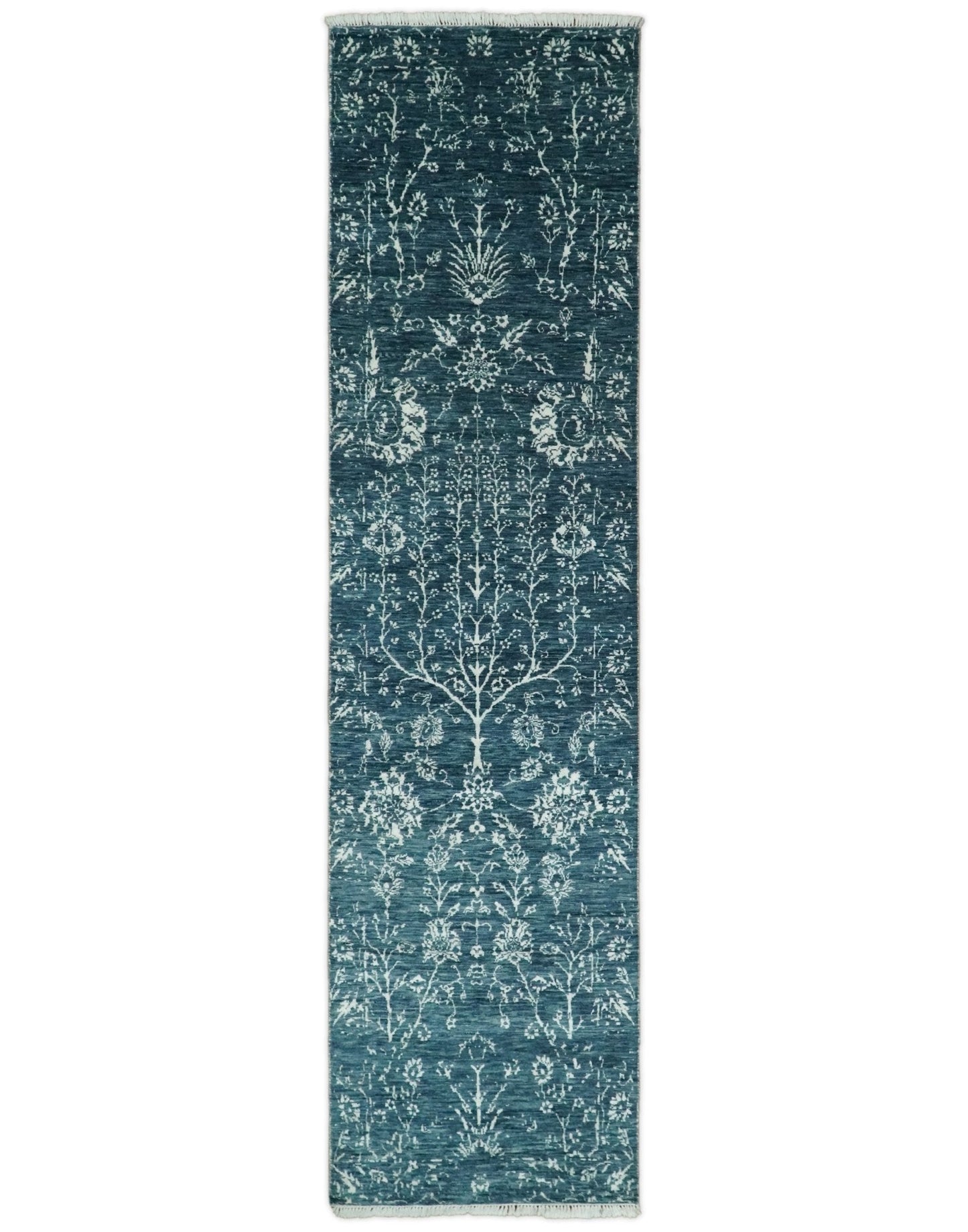 Hand - Knotted Vintage Wool Runner Rug White and Blue Traditional Design 2x10 - MyTuftedRugs.com