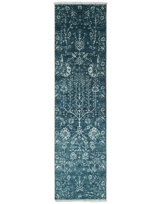 Hand - Knotted Vintage Wool Runner Rug White and Blue Traditional Design 2x10 - MyTuftedRugs.com