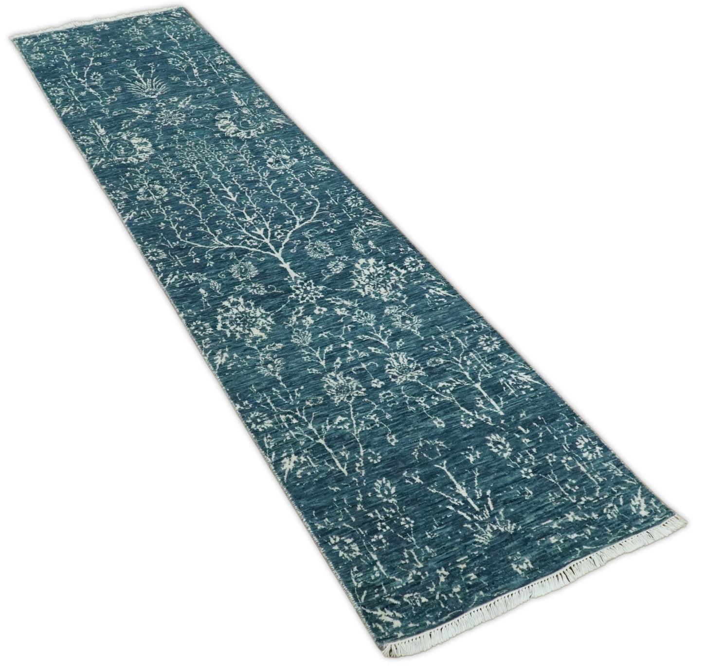 Hand - Knotted Vintage Wool Runner Rug White and Blue Traditional Design 2x10 - MyTuftedRugs.com