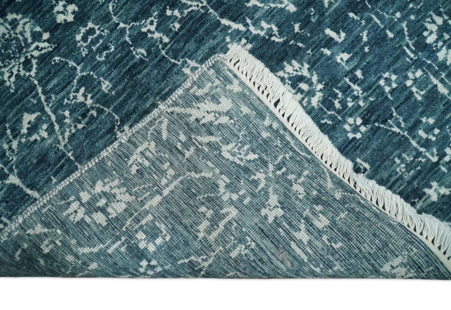 Hand - Knotted Vintage Wool Runner Rug White and Blue Traditional Design 2x10 - MyTuftedRugs.com