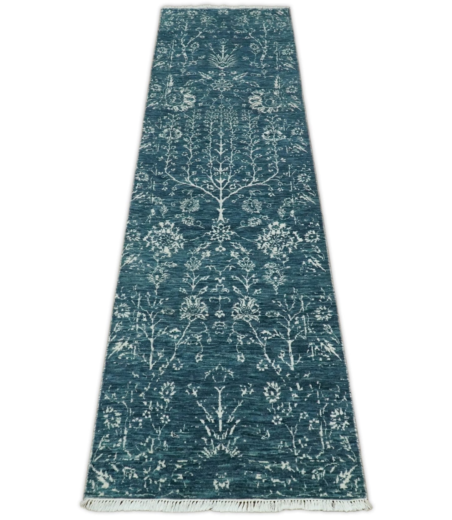 Hand - Knotted Vintage Wool Runner Rug White and Blue Traditional Design 2x10 - MyTuftedRugs.com