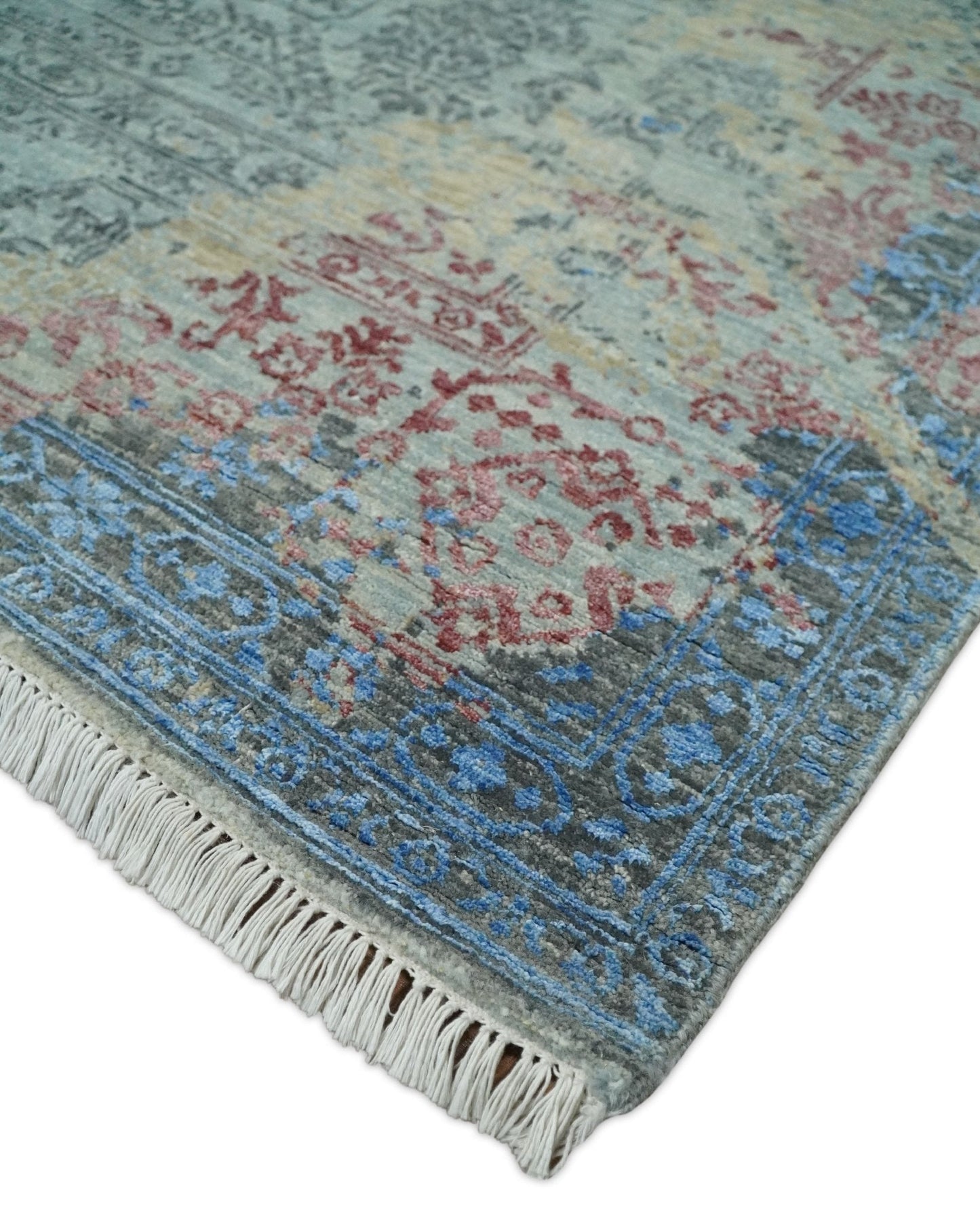 Hand - Knotted Wool and Bamboo Silk Rug Beige Pink and Blue Traditional Design 8x10 - MyTuftedRugs.com