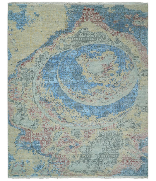 Hand - Knotted Wool and Bamboo Silk Rug Beige Pink and Blue Traditional Design 8x10 - MyTuftedRugs.com
