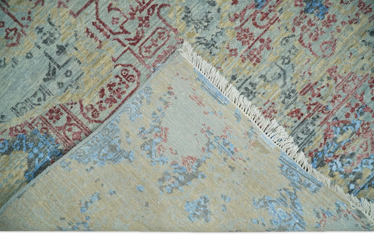Hand - Knotted Wool and Bamboo Silk Rug Beige Pink and Blue Traditional Design 8x10 - MyTuftedRugs.com