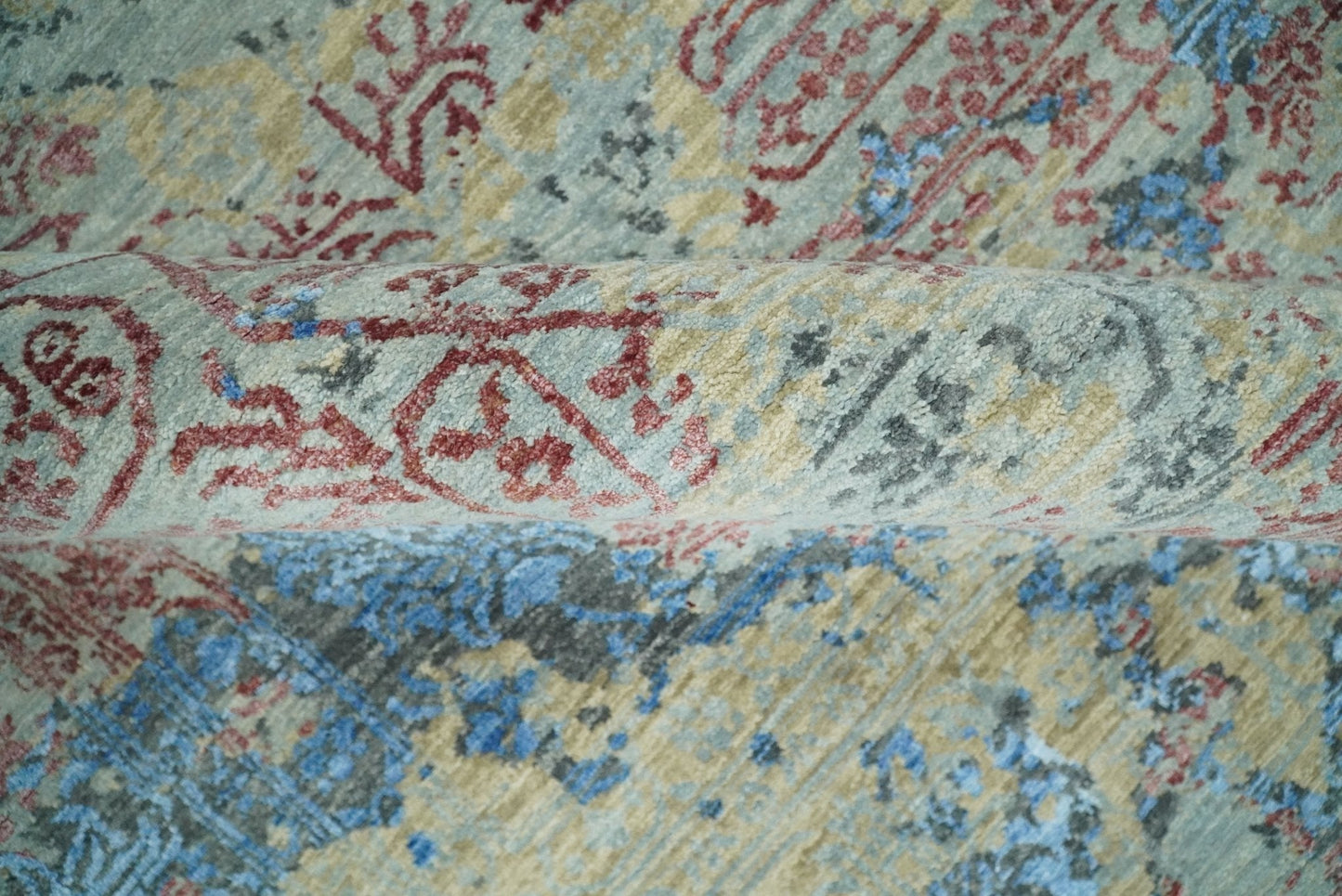 Hand - Knotted Wool and Bamboo Silk Rug Beige Pink and Blue Traditional Design 8x10 - MyTuftedRugs.com