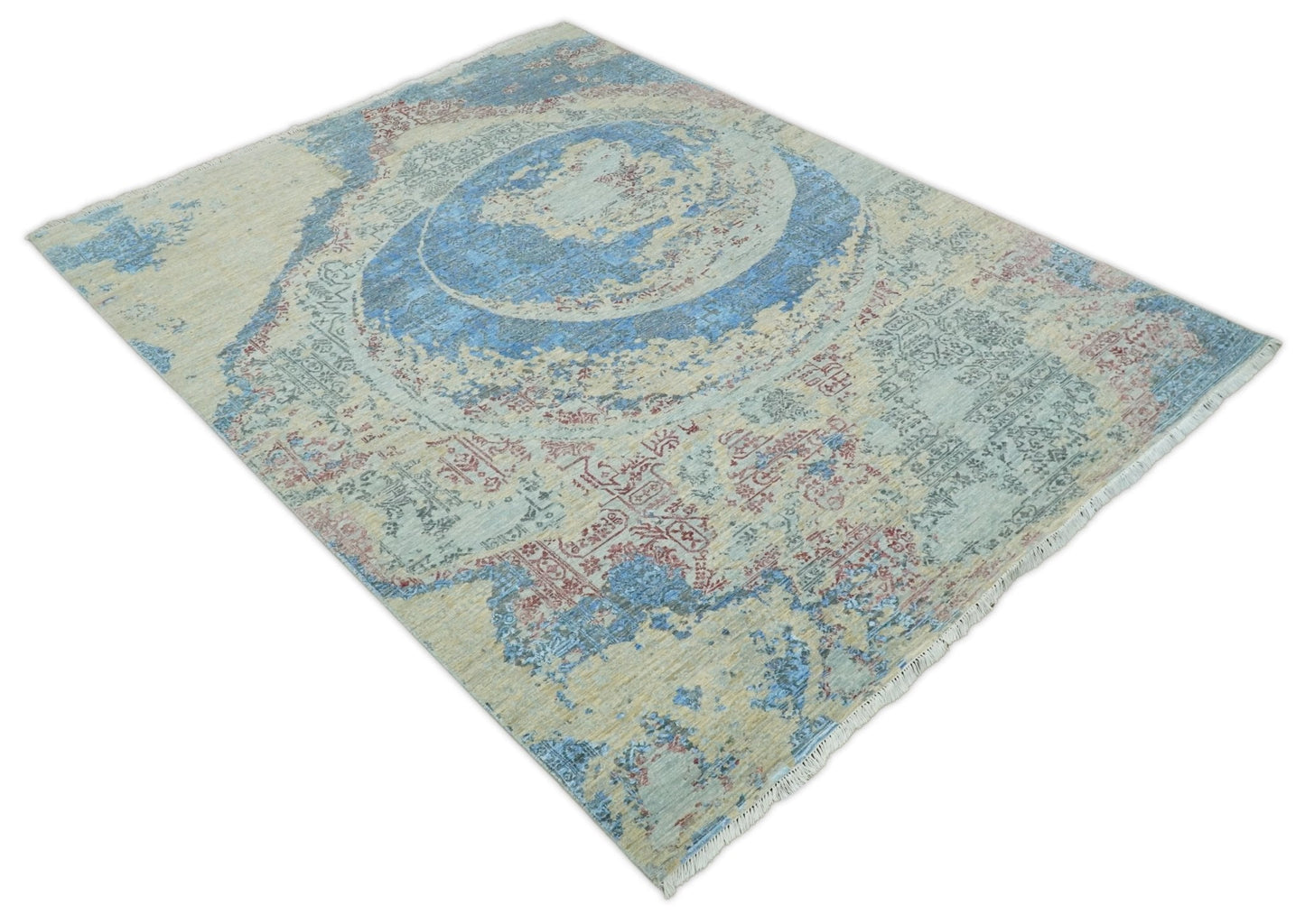 Hand - Knotted Wool and Bamboo Silk Rug Beige Pink and Blue Traditional Design 8x10 - MyTuftedRugs.com
