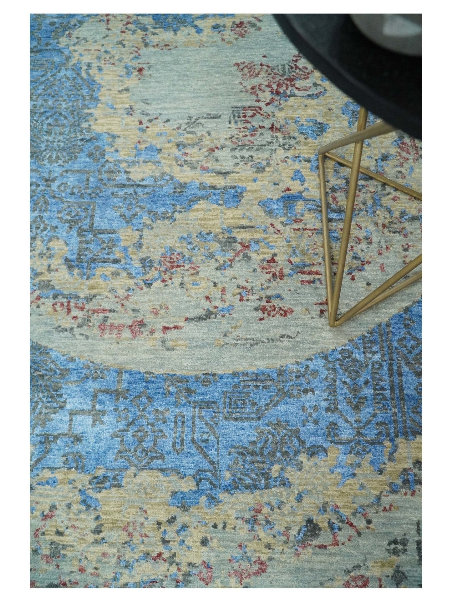 Hand - Knotted Wool and Bamboo Silk Rug Beige Pink and Blue Traditional Design 8x10 - MyTuftedRugs.com
