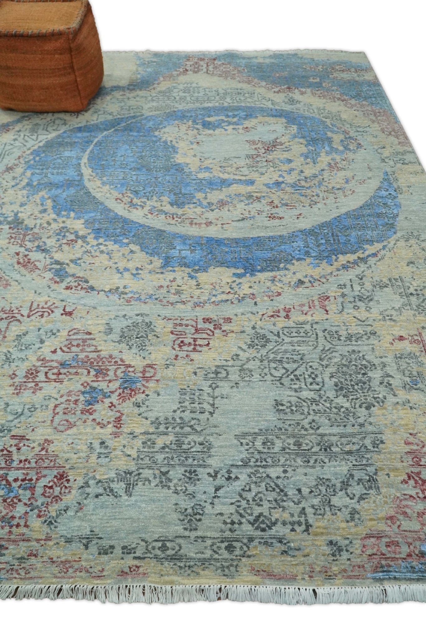 Hand - Knotted Wool and Bamboo Silk Rug Beige Pink and Blue Traditional Design 8x10 - MyTuftedRugs.com