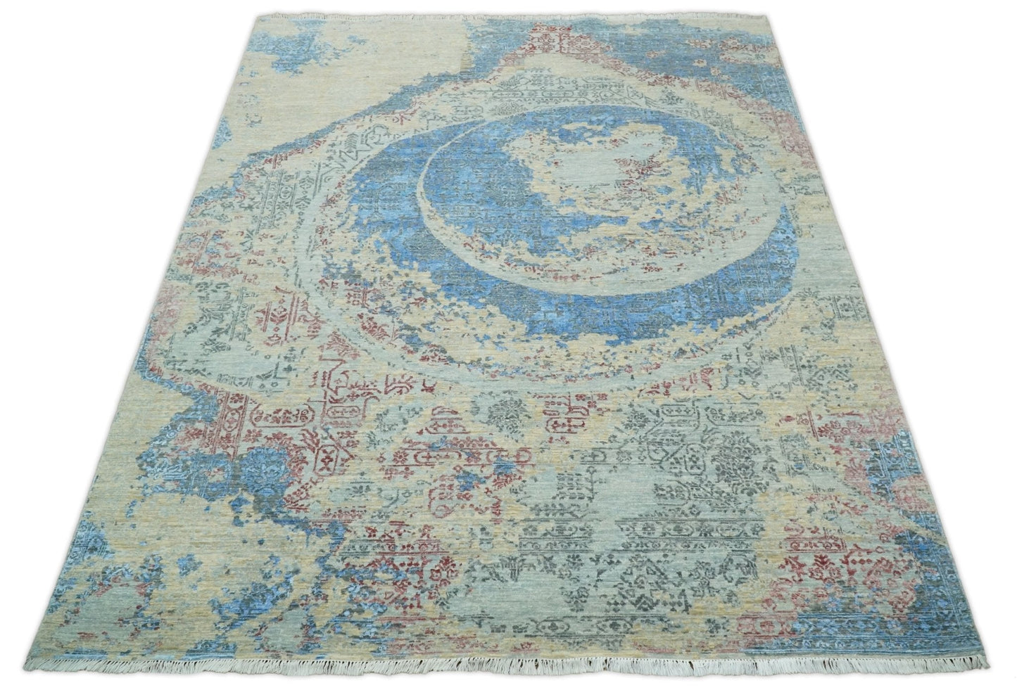 Hand - Knotted Wool and Bamboo Silk Rug Beige Pink and Blue Traditional Design 8x10 - MyTuftedRugs.com
