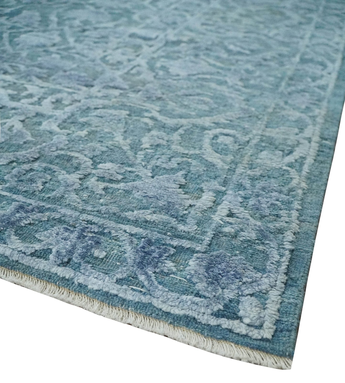 Hand - Knotted Wool and Bamboo Silk Rug Blue Hand Carved High Low Texture 8x10 - MyTuftedRugs.com