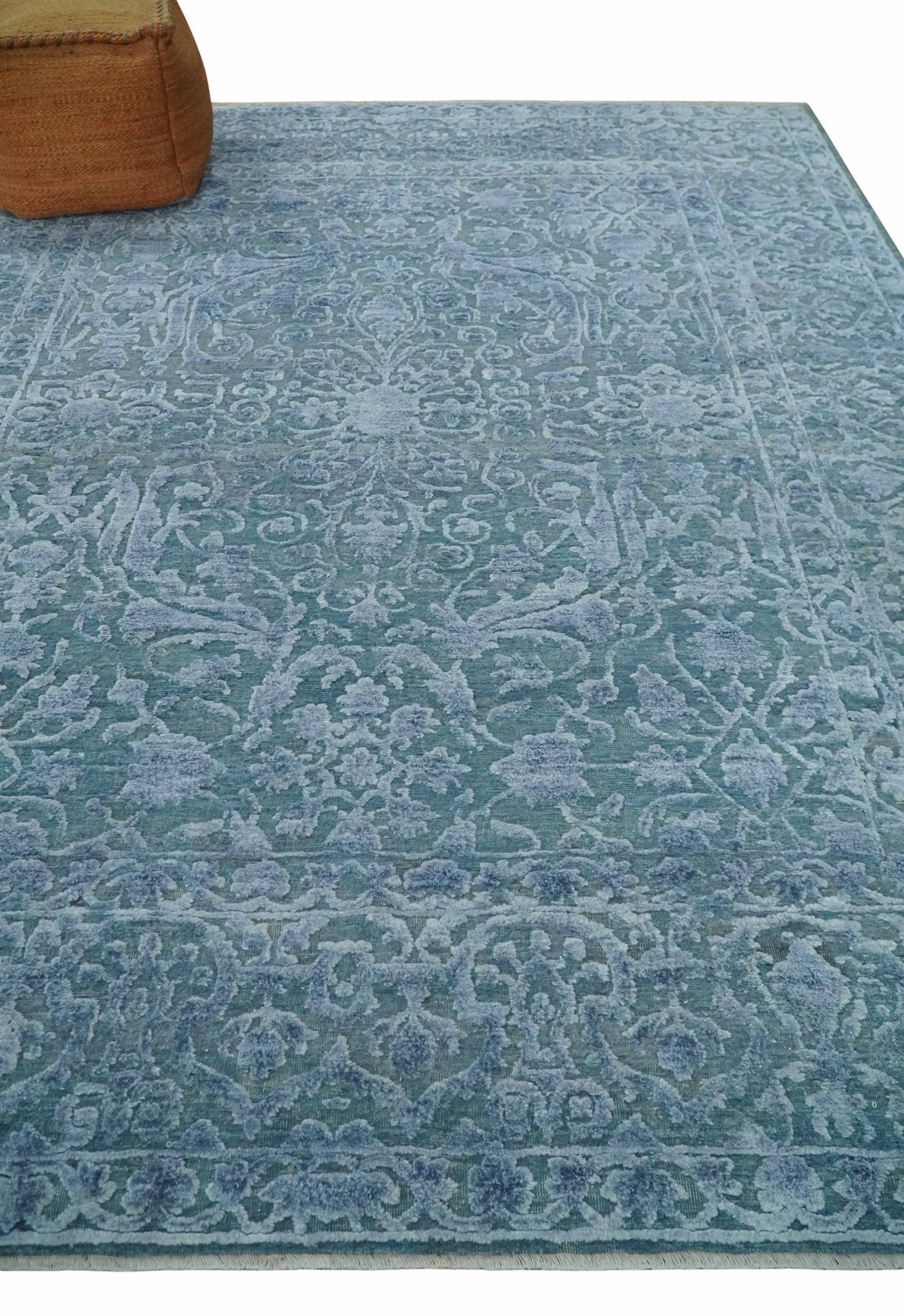 Hand - Knotted Wool and Bamboo Silk Rug Blue Hand Carved High Low Texture 8x10 - MyTuftedRugs.com
