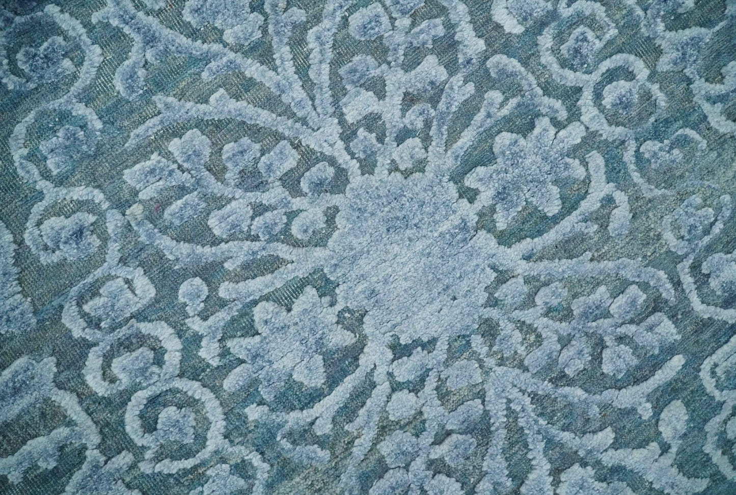 Hand - Knotted Wool and Bamboo Silk Rug Blue Hand Carved High Low Texture 8x10 - MyTuftedRugs.com