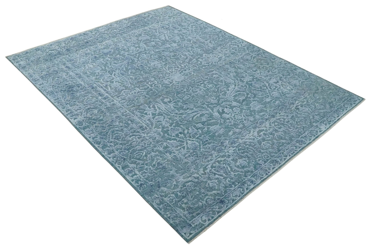 Hand - Knotted Wool and Bamboo Silk Rug Blue Hand Carved High Low Texture 8x10 - MyTuftedRugs.com