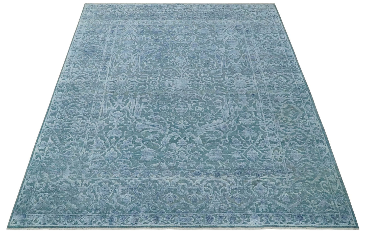 Hand - Knotted Wool and Bamboo Silk Rug Blue Hand Carved High Low Texture 8x10 - MyTuftedRugs.com