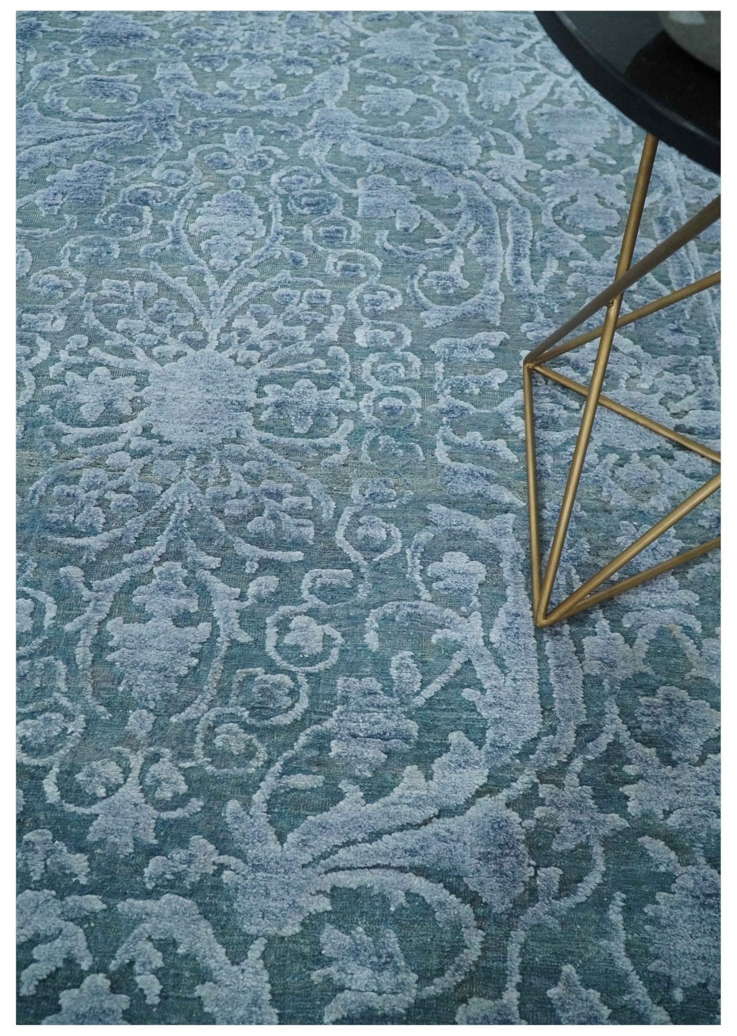 Hand - Knotted Wool and Bamboo Silk Rug Blue Hand Carved High Low Texture 8x10 - MyTuftedRugs.com