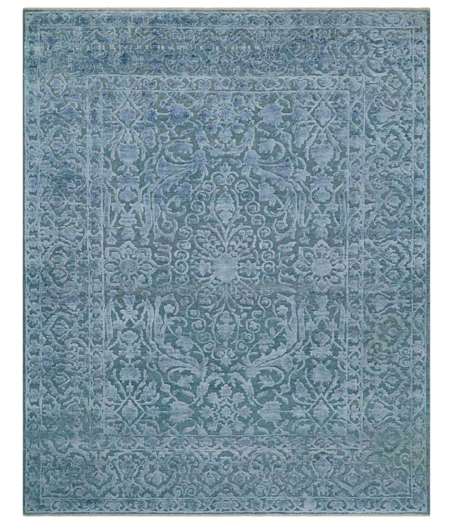 Hand - Knotted Wool and Bamboo Silk Rug Blue Hand Carved High Low Texture 8x10 - MyTuftedRugs.com