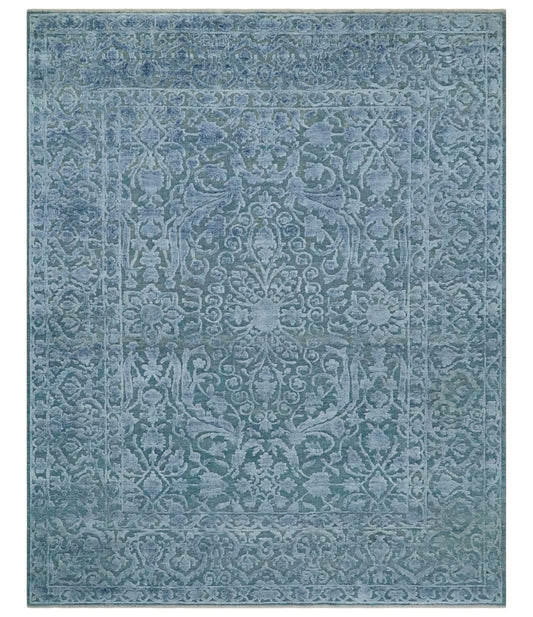 Hand - Knotted Wool and Bamboo Silk Rug Blue Hand Carved High Low Texture 8x10 - MyTuftedRugs.com