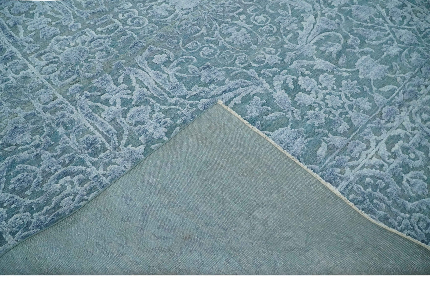 Hand - Knotted Wool and Bamboo Silk Rug Blue Hand Carved High Low Texture 8x10 - MyTuftedRugs.com