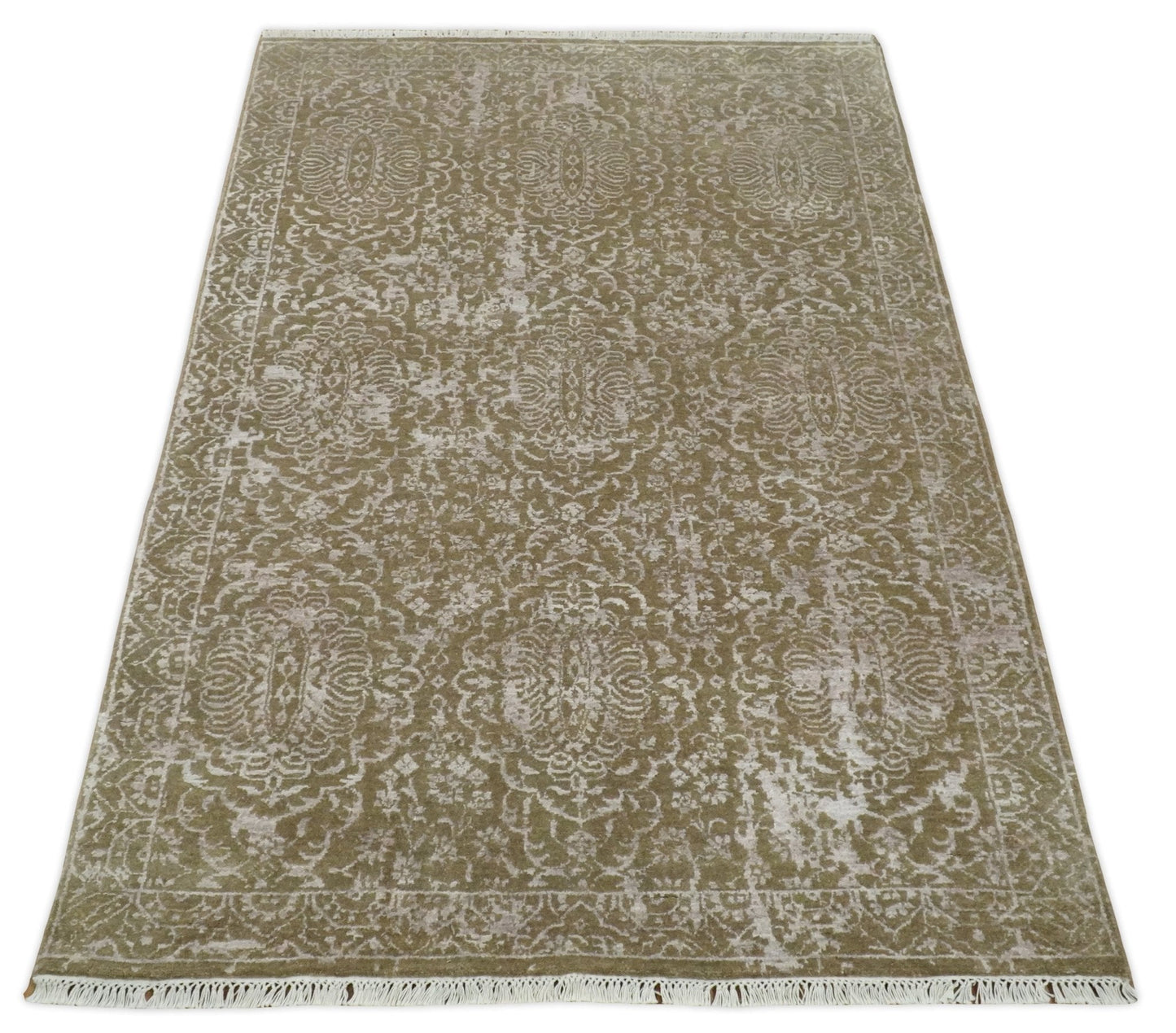 Hand - Knotted Wool and Bamboo Silk Rug Olive and Silver Traditional Design 4x6 - MyTuftedRugs.com