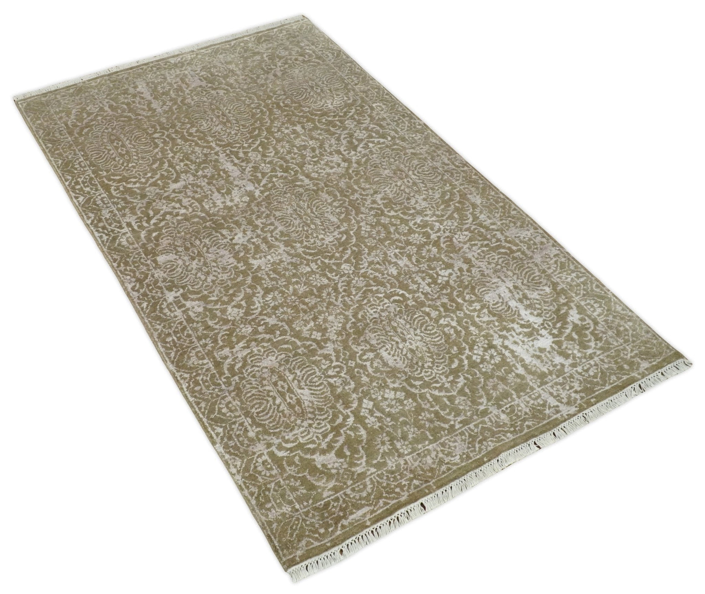 Hand - Knotted Wool and Bamboo Silk Rug Olive and Silver Traditional Design 4x6 - MyTuftedRugs.com