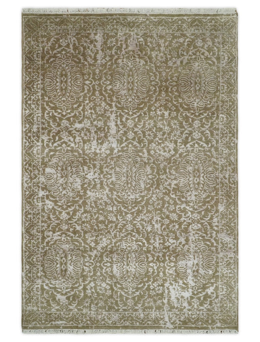 Hand - Knotted Wool and Bamboo Silk Rug Olive and Silver Traditional Design 4x6 - MyTuftedRugs.com
