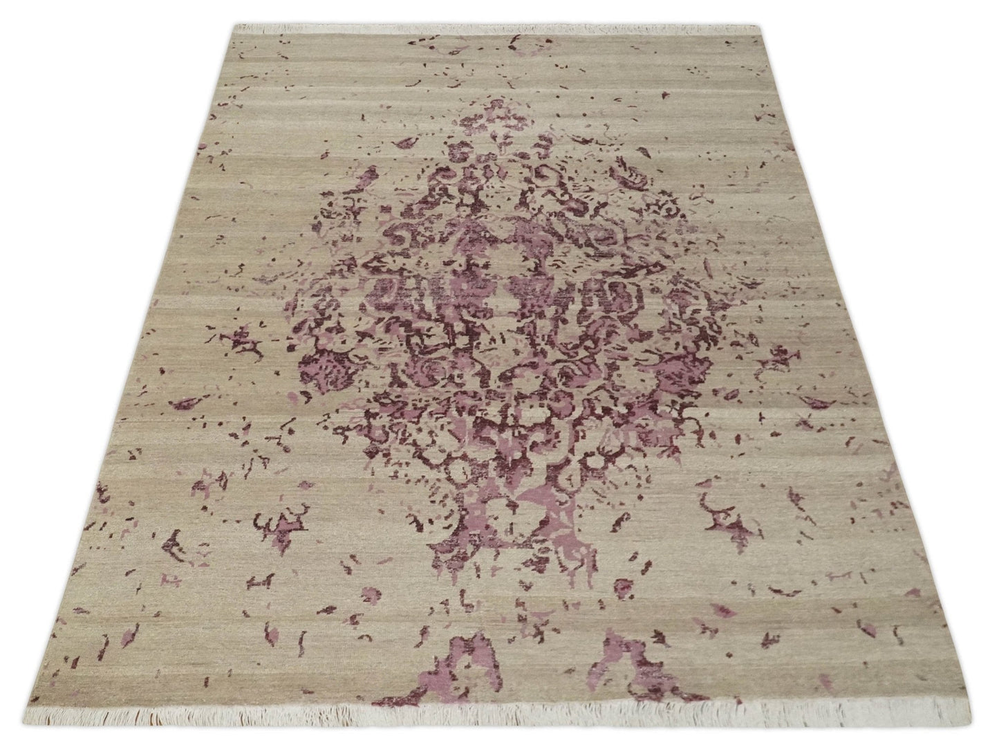 Hand - Knotted Wool Area Rug Camel and Purple Abstract Design 8x10 - MyTuftedRugs.com