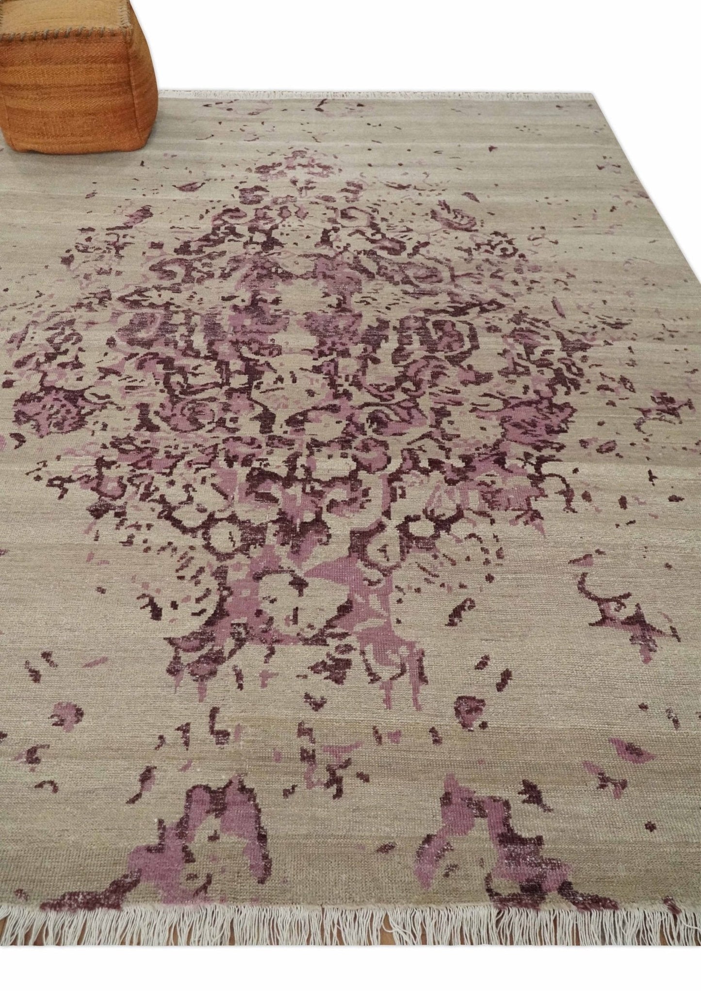 Hand - Knotted Wool Area Rug Camel and Purple Abstract Design 8x10 - MyTuftedRugs.com